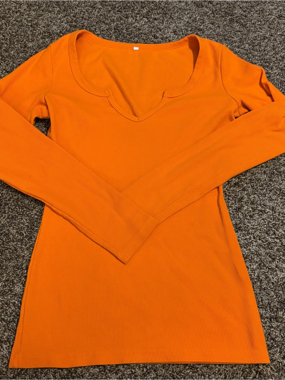 Orange Ribbed V-Neck Long Sleeve Top S